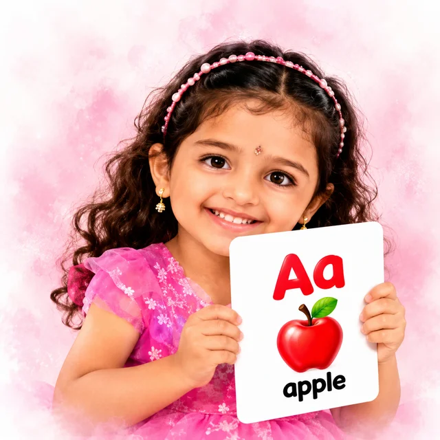 Child holding an English phonics flashcard at Phonobee Hives