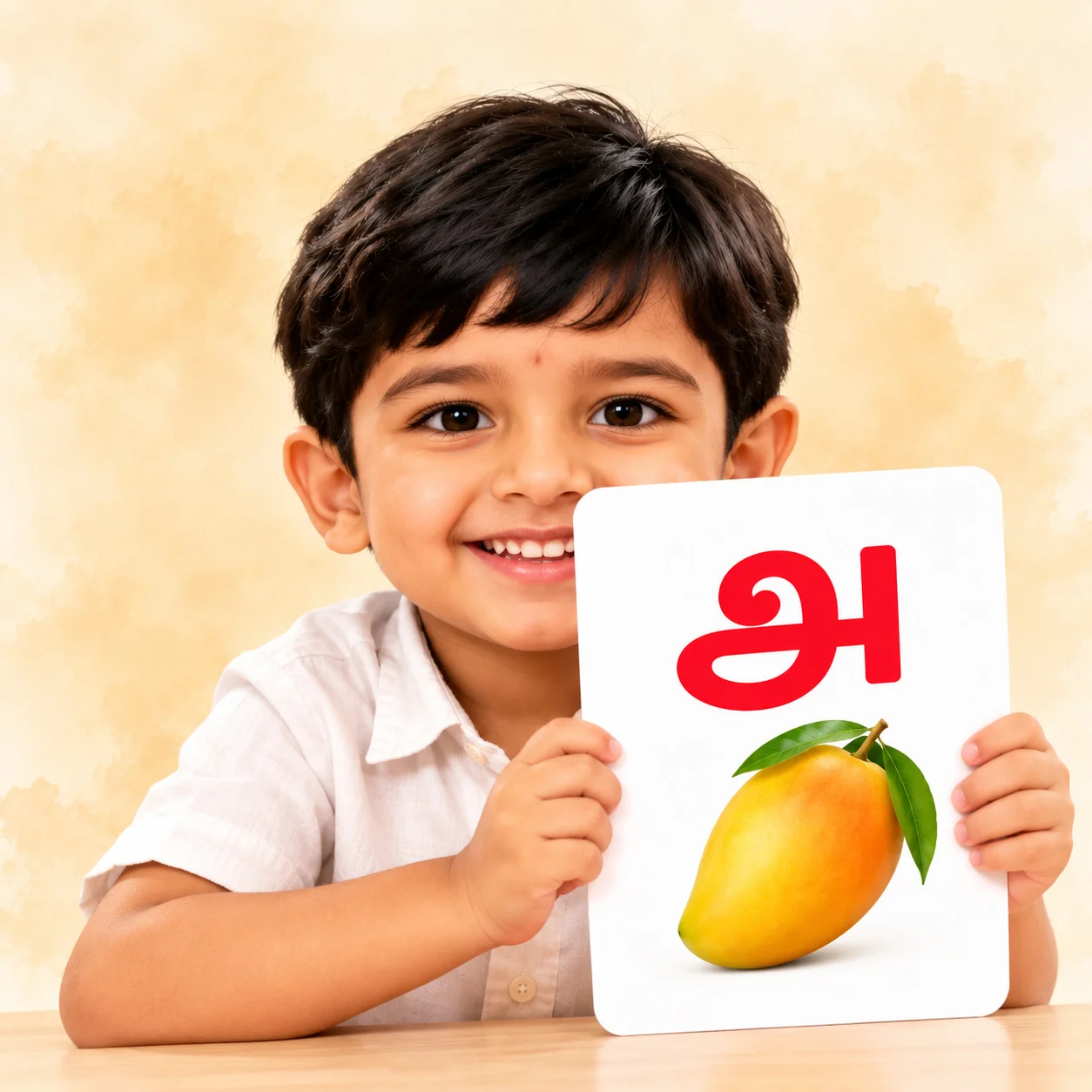 Child learning Tamil letters with a picture card