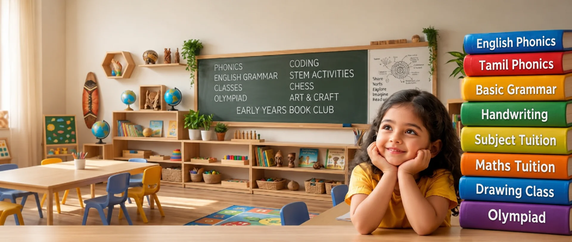 Child smiling at a desk with phonics, grammar, maths and drawing books