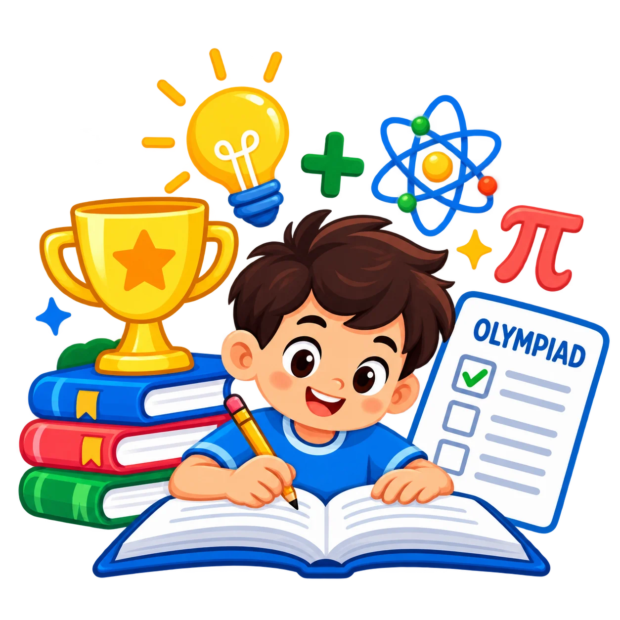 Child preparing for Olympiad exams with books, a trophy and a test paper